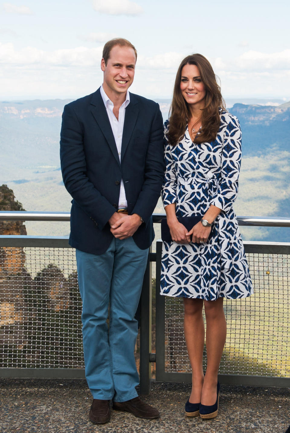<p>Kate and William visited Australia’s Blue Mountains with the Duchess donning a printed dress from Diane von Furstenberg. Navy wedges by Corkswoon and a Stuart Weitzman bag finished the look.</p><p><i>[Photo: PA]</i></p>
