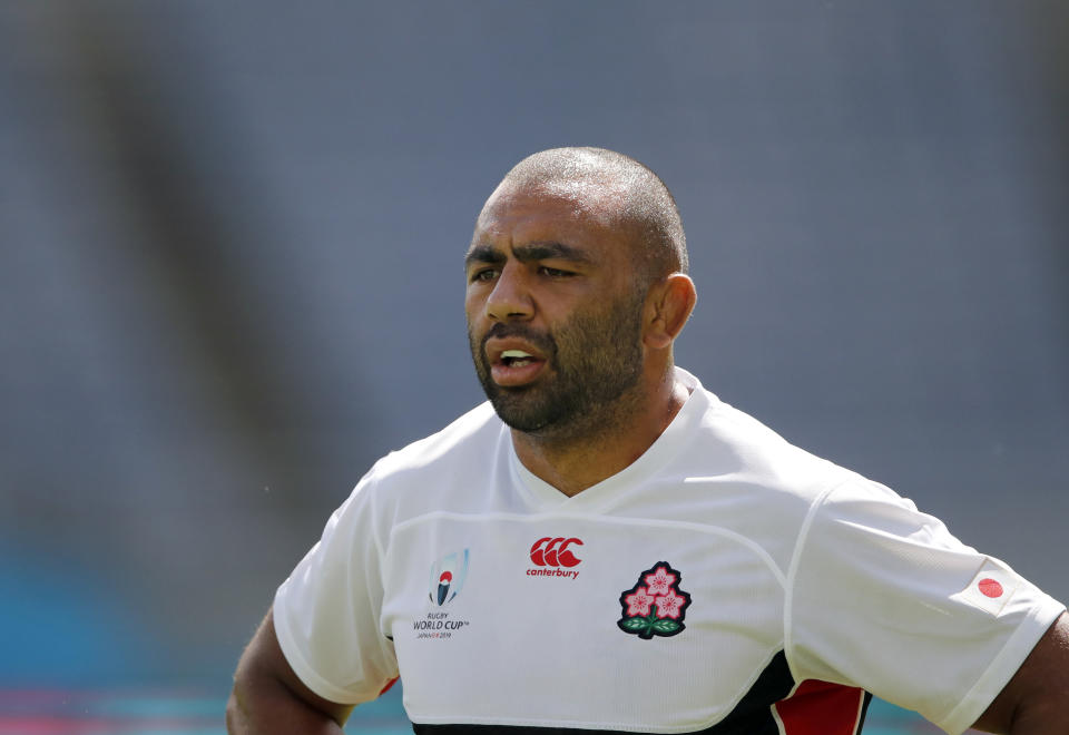 Japan's Michael Leitch attends a training session in Tokyo, Japan, Thursday, Sept. 19, 2019. The Rugby World Cup starts Friday, Sept. 20, with Japan playing Russia, and ends with the final on Nov. 2. (AP Photo/Christophe Ena)