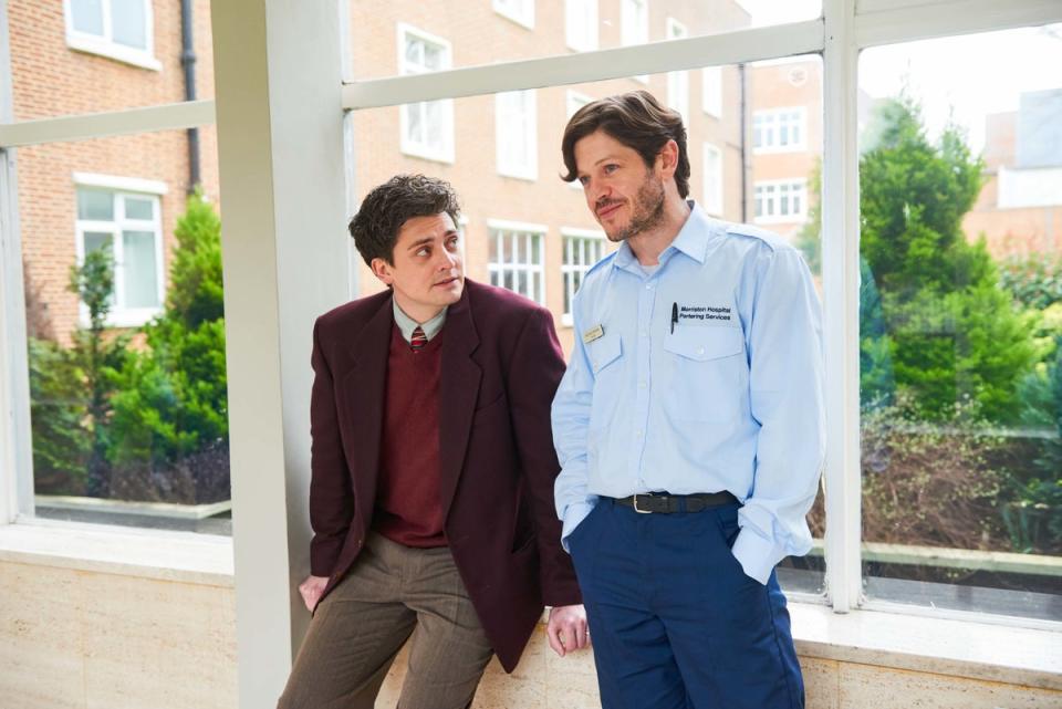 Barnard as a doctor and Iwan Rheon as a trial participant in ‘Men Up’ (BBC/Quay Street Productions/Tom Jackson)