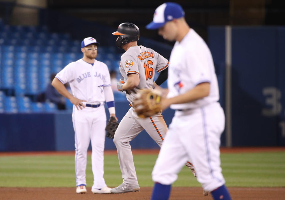 TORONTO, ON - APRIL 01: Trey Mancini #16 of the Baltimore Orioles circles the bases after hitting a solo home run in the seventh inning during MLB game action as Sam Gaviglio #43 the Toronto Blue Jays reacts at Rogers Centre on April 1, 2019 in Toronto, Canada. (Photo by Tom Szczerbowski/Getty Images)