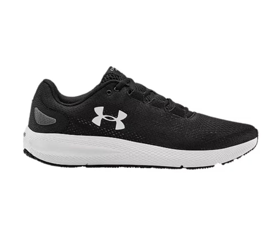 Under Armour Men's Charged Pursuit 2 Running Shoes in black with white bottoms (Photo via Sport Chek)