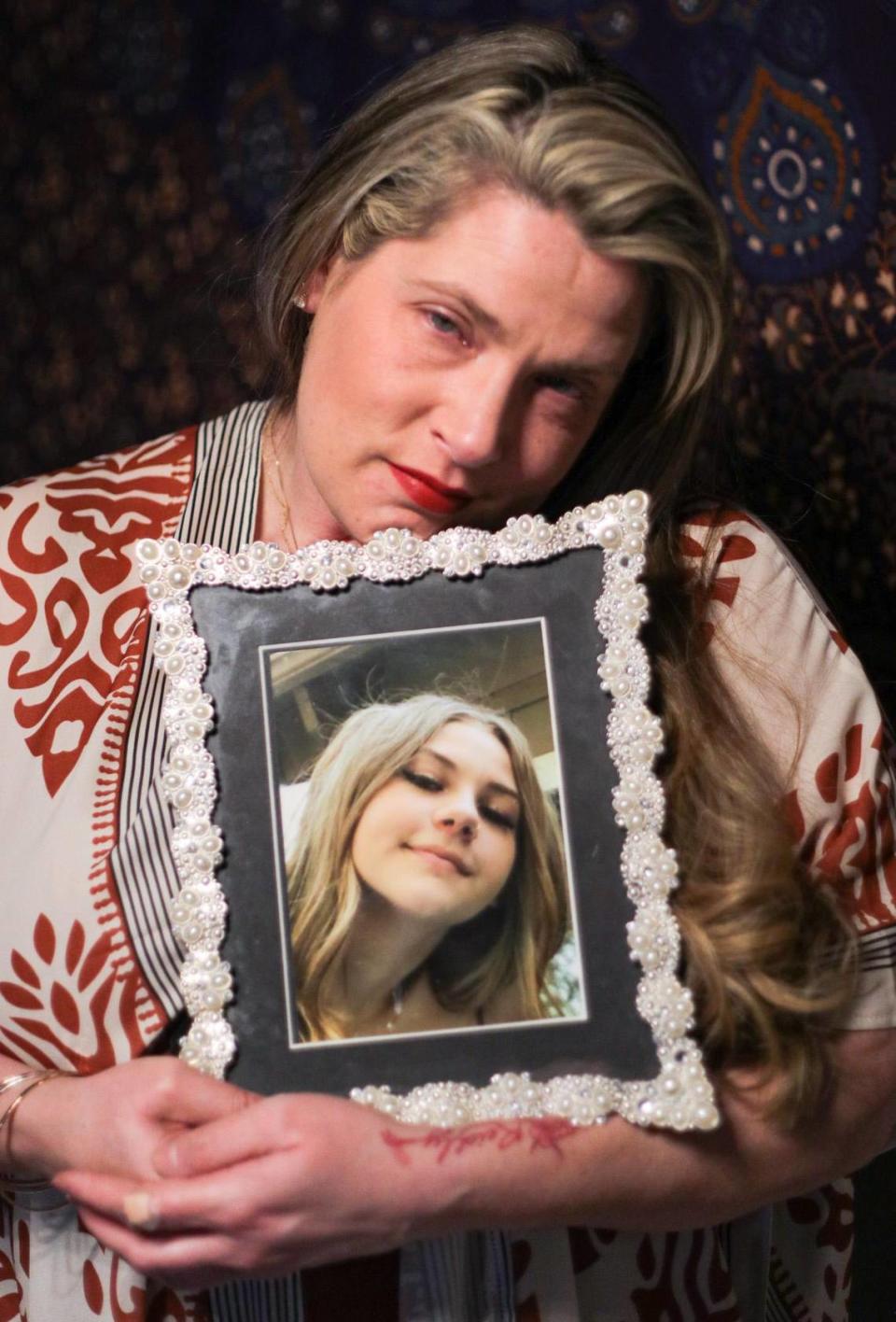 Candice Varner of Atascadero holds a photo of her daughter, Reidly, on Feb. 10. 2022, a year after the 17-year-old’s death. Reidly died on Feb. 16, 2021, of fentanyl poisoning.