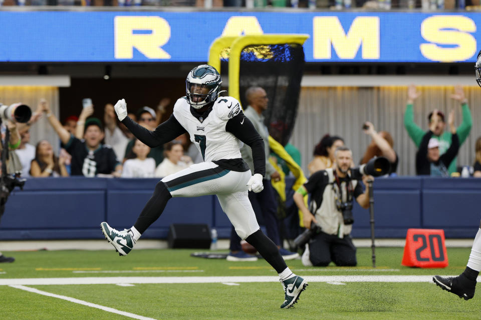 Philadelphia Eagles linebacker Haason Reddick celebrates after sacking Los Angeles Rams quarterback Matthew Stafford during the second half of an NFL football game Sunday, Oct. 8, 2023, in Inglewood, Calif. (AP Photo/Kevork Djansezian)