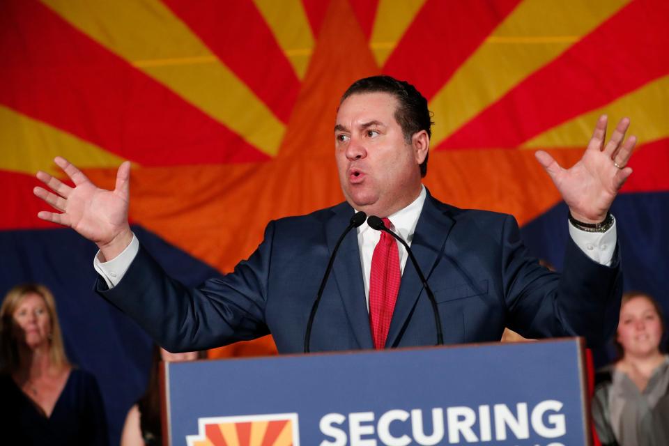 Attorney General Mark Brnovich speaks to supporters during the Arizona Republican Party Election Night party in Scottsdale, Ariz. Nov. 6, 2018.