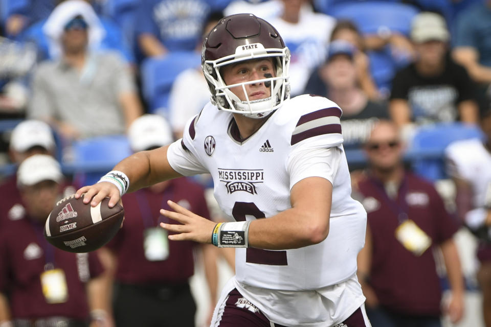 Mississippi State quarterback Will Rogers drops back to pass against Memphis during the first half of an NCAA college football game on Saturday, Sept. 18, 2021, in Memphis, Tenn. (AP Photo/John Amis)