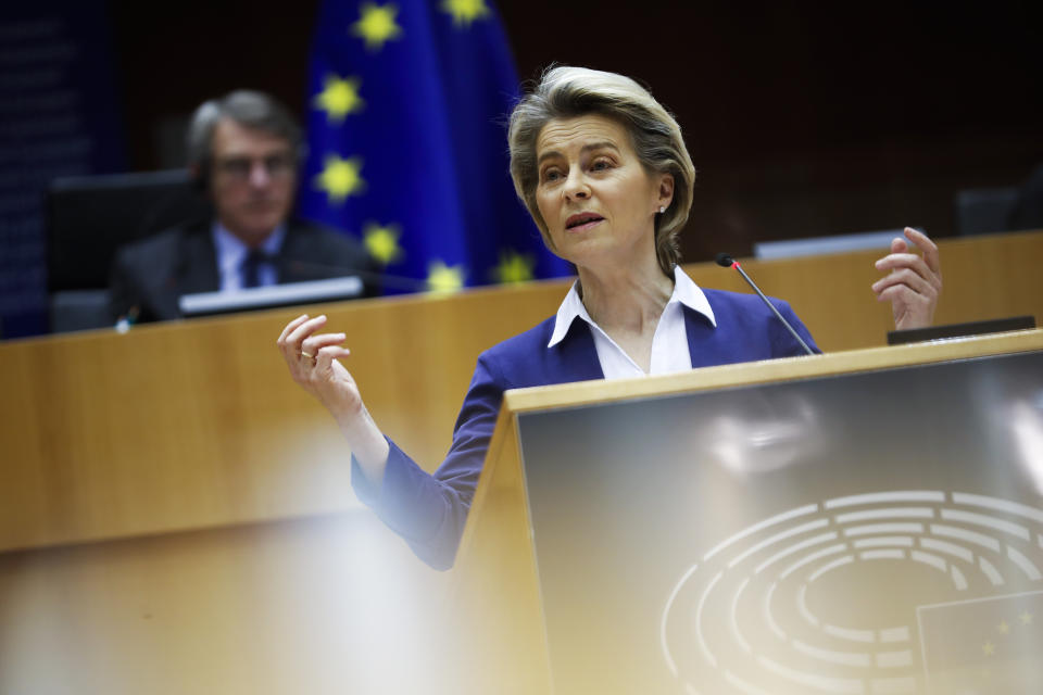 European Commission President Ursula Von Der Leyen addresses European lawmakers during a plenary session on the inauguration of the new President of the United States and the current political situation, at the European Parliament in Brussels, Wednesday, Jan. 20, 2021. (AP Photo/Francisco Seco, Pool)