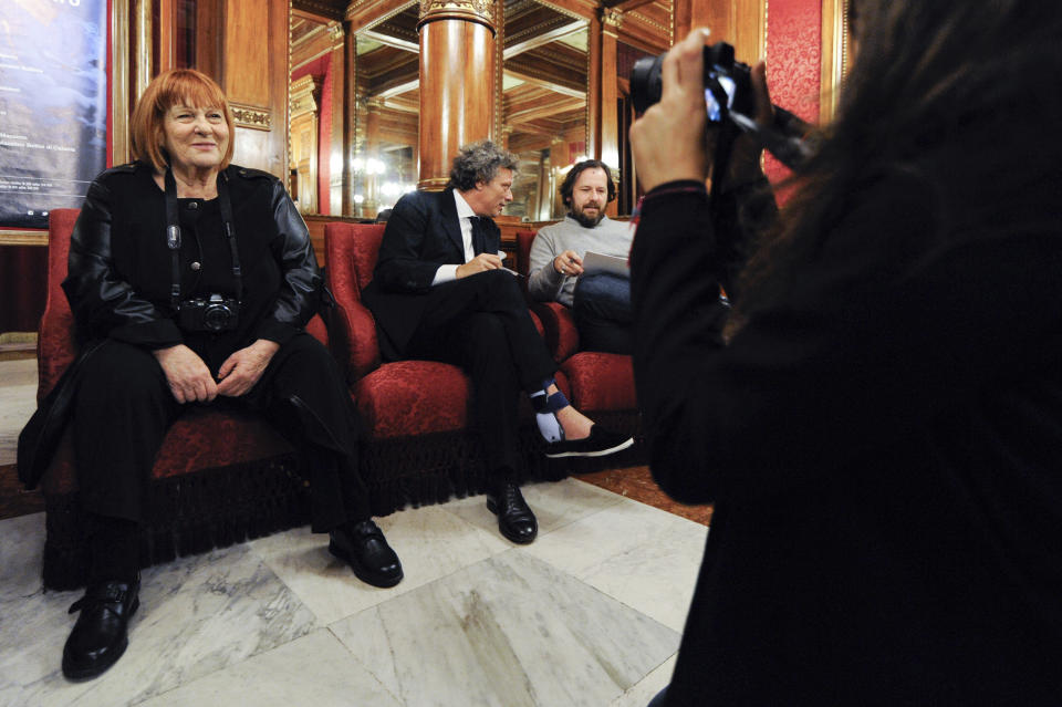 OBIT - Letizia Battaglia poses for a picture during a press conference on March 2016 in Palermo, Italy. Letizia Battaglia, an Italian photographer who documented the arrests of Mafia bosses and the bodies of their victims, has died in her native Sicilian city of Palermo. She was 87. (Guglielmo Mangiapane/LaPresse via AP)