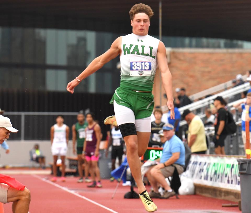 Wall's Briggs Jones competes in the boys long jump during the Class 3A UIL State track and field meet on Thursday, May 2, 2024 at Mike A. Myers Stadium in Austin.