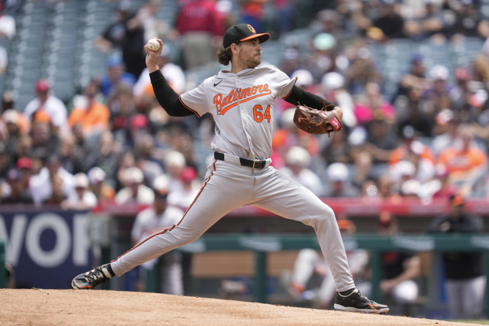 Baltimore Orioles startng pitcher Dean Kremer throws during the first inning of a baseball game against the Los Angeles Angels in Anaheim, Calif., Wednesday, April 24, 2024. (AP Photo/Ashley Landis)