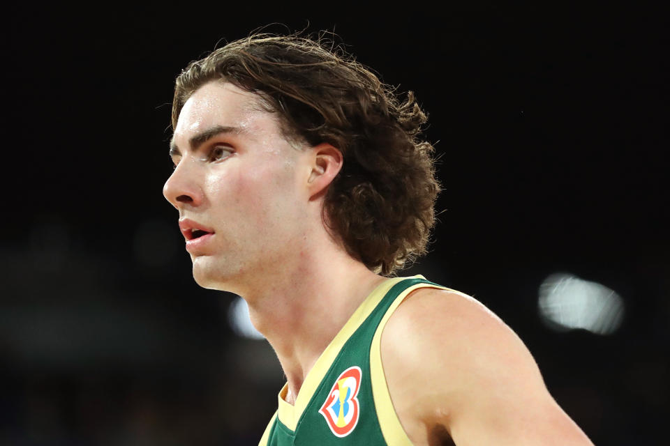 MELBOURNE, AUSTRALIA – AUGUST 16: Josh Giddey of Australia looks on during the match between the Australia Boomers and Brazil at Rod Laver Arena on August 16, 2023 in Melbourne, Australia. (Photo by Kelly Defina/Getty Images)