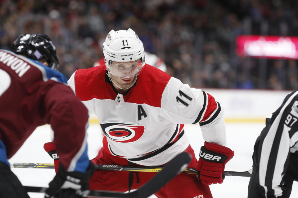 Center Jordan Staal has settled into a promising line with the Carolina Hurricanes. (AP Photo/David Zalubowski)