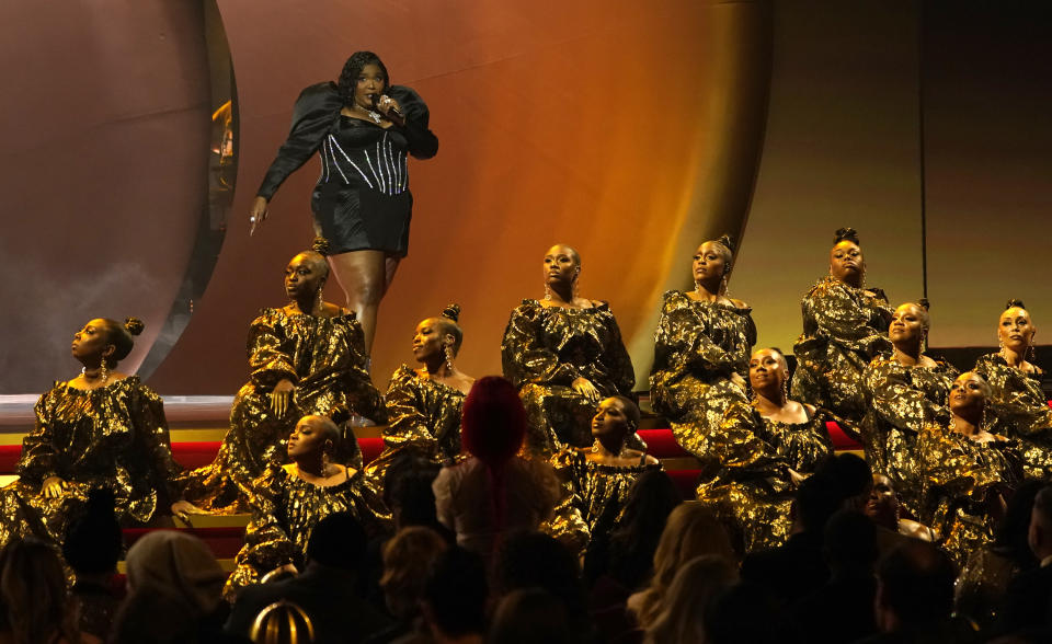 Lizzo performs a medley at the 65th annual Grammy Awards on Sunday, Feb. 5, 2023, in Los Angeles. (AP Photo/Chris Pizzello)