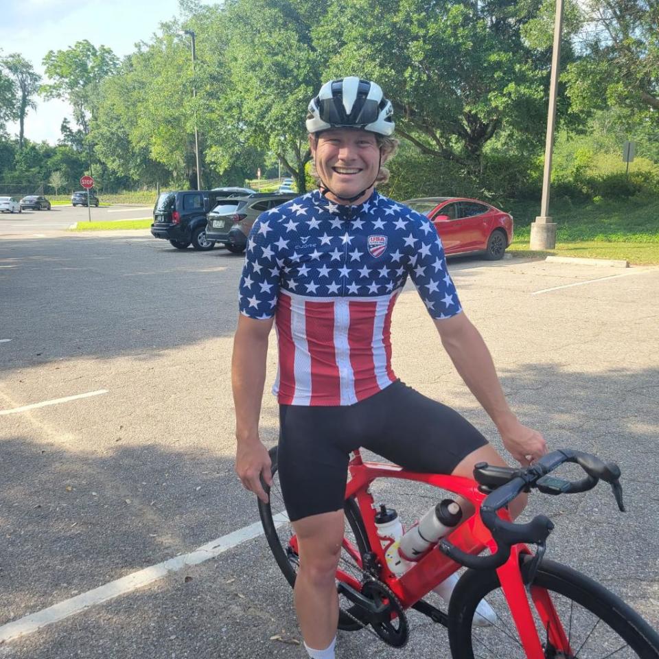 Jake Boykin, a noted cyclist and Florida State University doctoral student, pictured in his national champions jersey.