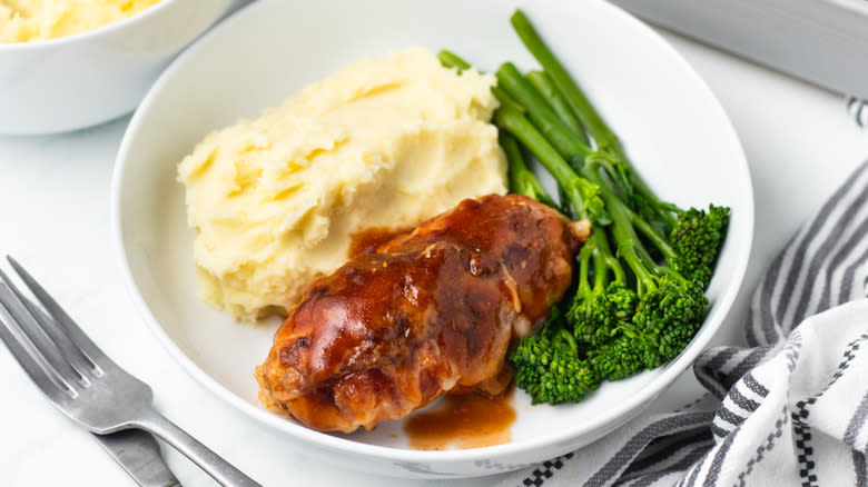 Hunter's chicken in bowl with mashed potatoes and broccoli