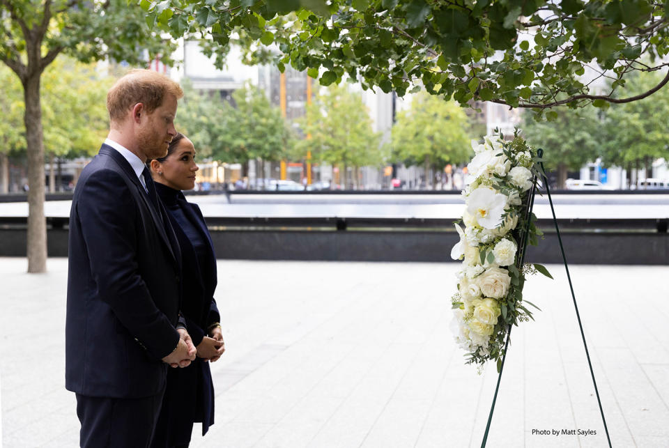 <p>Harry and Meghan also stopped at the 9/11 memorial outside, viewing a wreath on display just 12 days after the 20th anniversary of the terrorist attacks.</p>