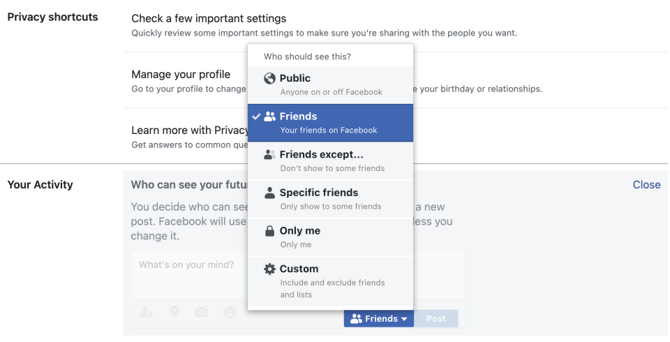 Select from the options of who can view your future posts to adjust the privacy of your Facebook account.