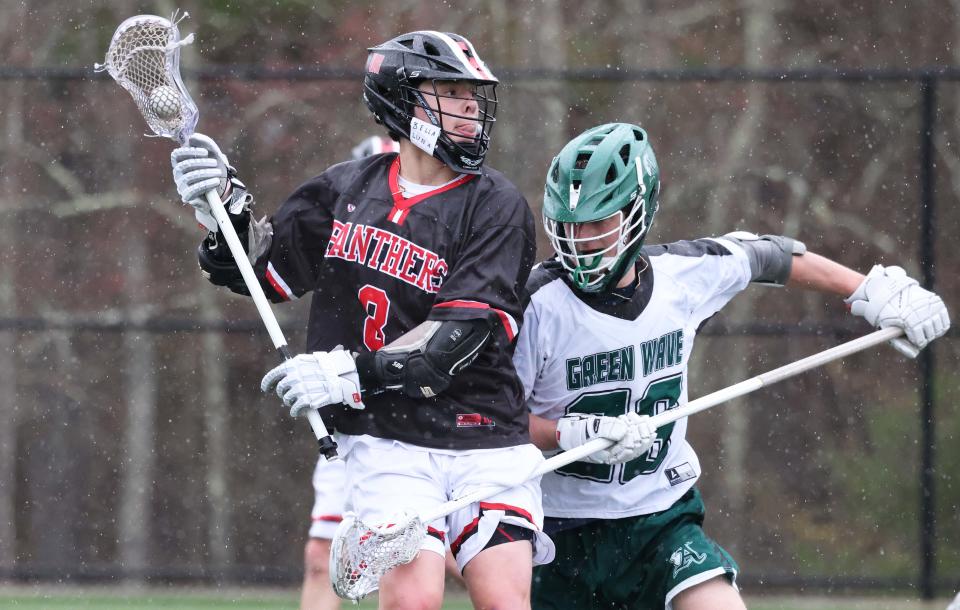 Whitman-Hanson's Connor McCarthy stick handles next to Abington's Evan St. Martin during a game on Thursday, April 18, 2024.