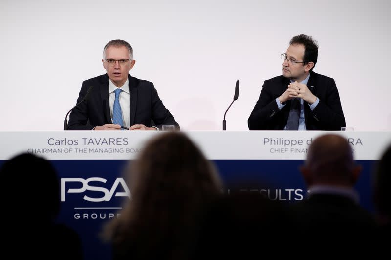 Carlos Tavares, chief executive officer of PSA Group, speaks during the annual results news conference at their headquarters in Rueil-Malmaison, near Paris