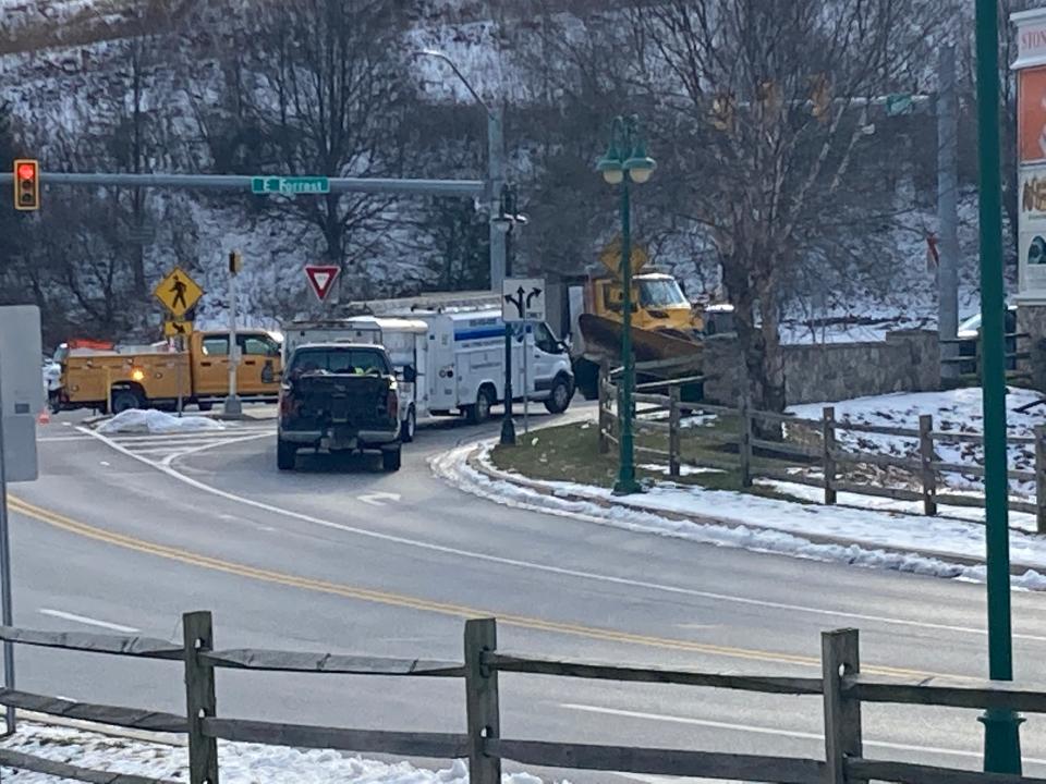 Emergency responders remain on the scene of a police incident near the I-83 interchange in Shrewsbury Township on Monday.