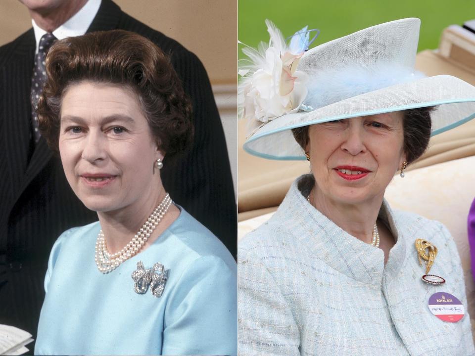 On the left, the queen in 1972; on the right, her daughter Anne in 2016.