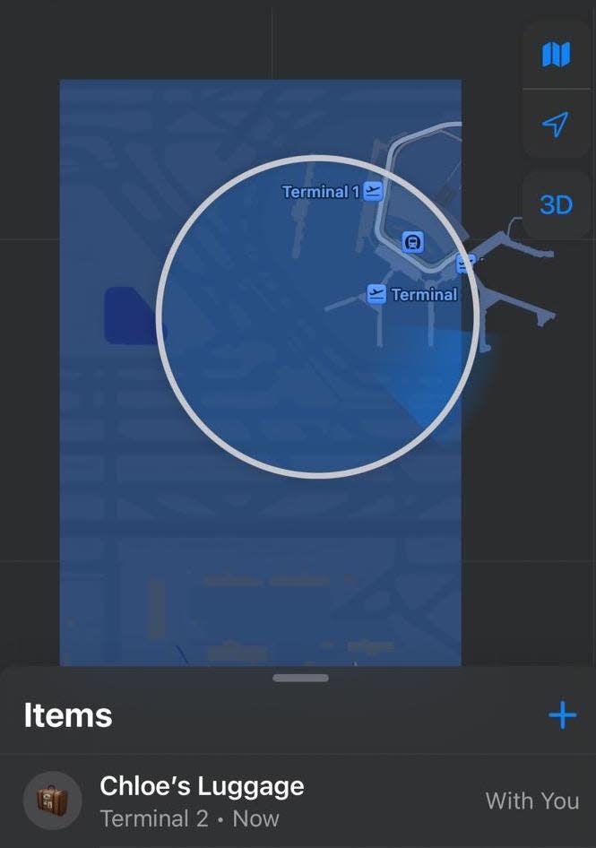 A screenshot of the Find My app shows the author's luggage in Chicago O'Hare International Airport.