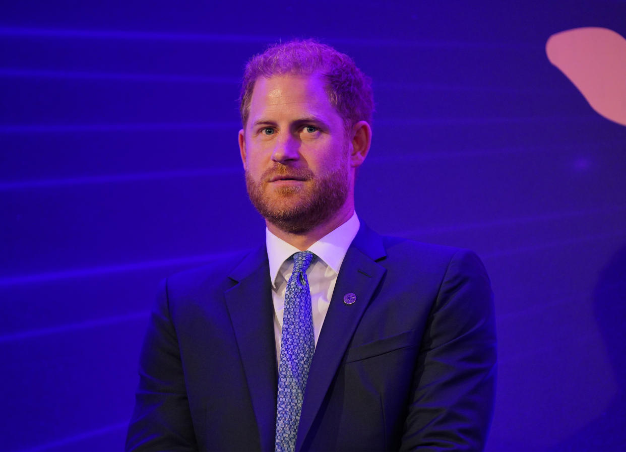 Prince Harry stands on stage to give a speech at the annual WellChild Awards 2023, where he paid tribute to the late Queen Elizabeth II