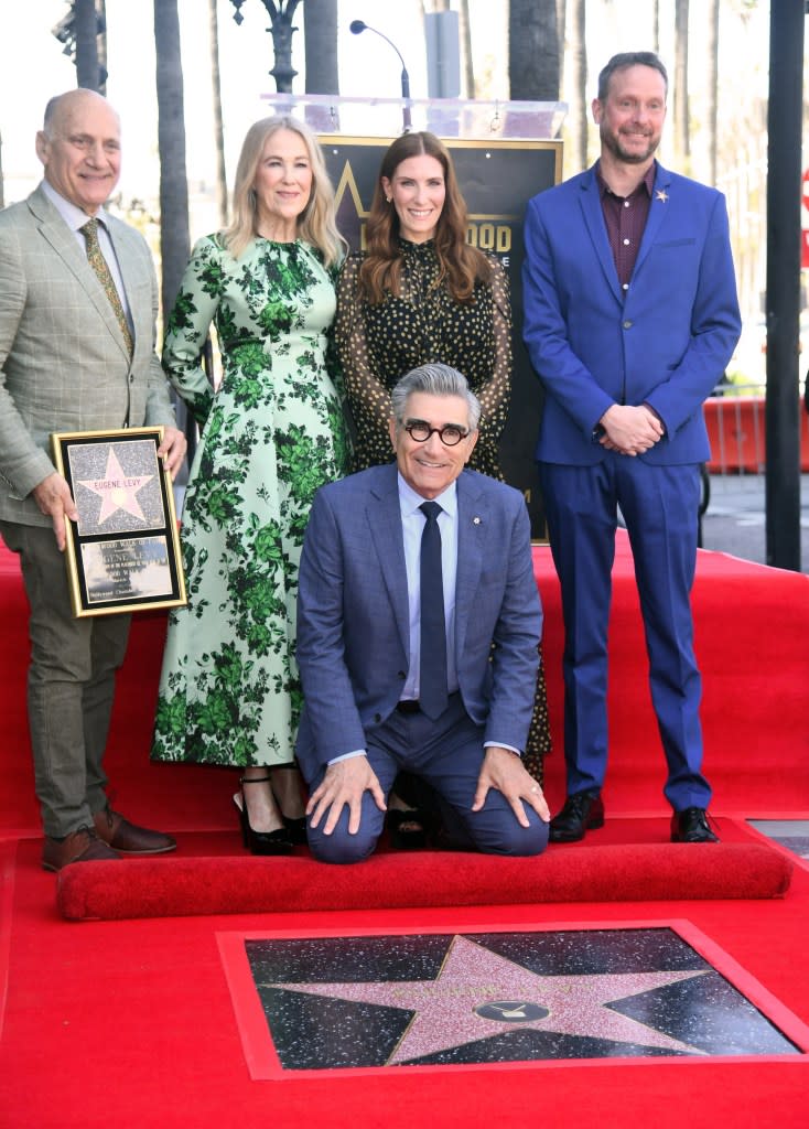 HOLLYWOOD, CALIFORNIA – MARCH 08: (L-R) Steve Nissen, President and CEO, Hollywood Chamber of Commerce, Catherine O’Hara, Eugene Levy and Sarah Levy attend the ceremony honoring Eugene Levy with a Star on the Hollywood Walk of Fame on March 08, 2024 in Hollywood, California. (Photo by Alberto E. Rodriguez/Getty Images)