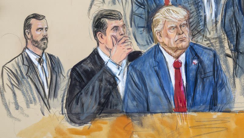 This artist sketch depicts former President Donald Trump, right, conferring with defense lawyer Todd Blanche, center, during his appearance at the Federal Courthouse in Washington, Thursday, Aug. 3, 2023. Special Prosecutor Jack Smith sits at left. A judge on Monday, Aug. 28, set a March 4, 2024, trial date for Trump in the federal case in Washington charging the former president with trying to overturn the results of the 2020 election, rejecting a defense request to push back the case by years. 