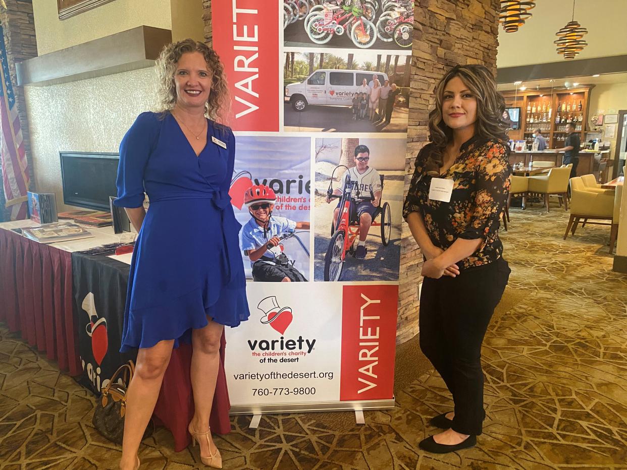 Variety's Executive Director Heidi Maldoon and Outreach Coordinator Annika Renteria greet guests at the Women of Wonder Luncheon at The Classic Club on April 29, 2022.