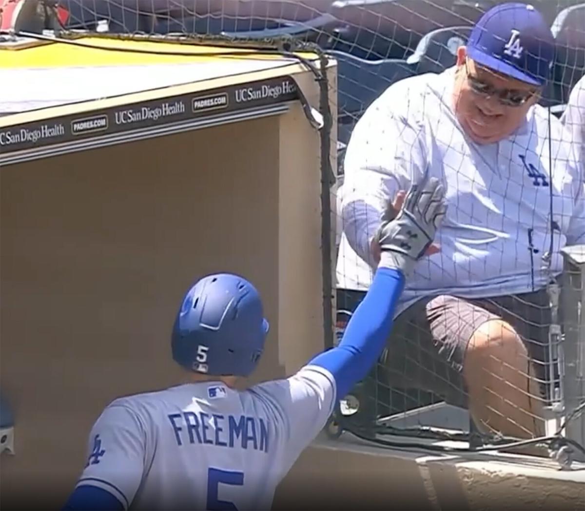 New Dodger Freddie Freeman Gets a High Five from His Dad After Hitting a  Home Run