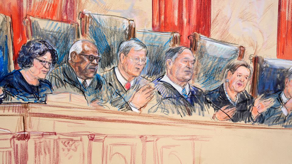 This artist sketch depicts, from left, Justice Sonia Sotomayor, Justice Clarence Thomas, Chief Justice John Roberts, Justice Samuel Alito, and Justice Elena Kagan. - Dana Verkouteren/AP