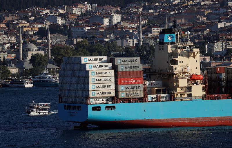 FILE PHOTO: The Maersk Line container ship Maersk Batam sails in the Bosphorus, on its way to the Mediterranean Sea, in Istanbul