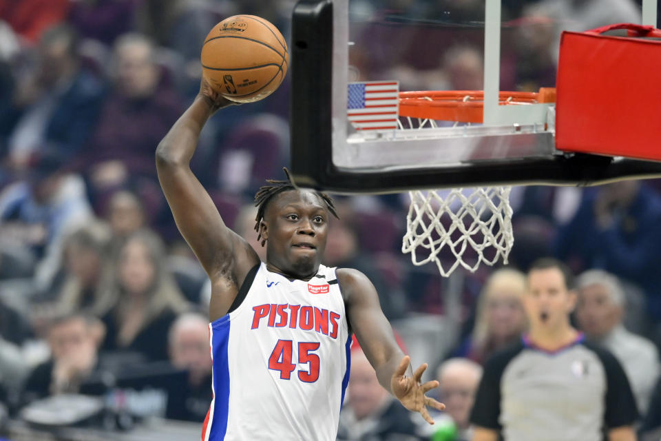 Jan 7, 2020; Cleveland, Ohio, USA; Detroit Pistons forward Sekou Doumbouya (45) dunks against the Cleveland Cavaliers in the first quarter at Rocket Mortgage FieldHouse. Mandatory Credit: David Richard-USA TODAY Sports