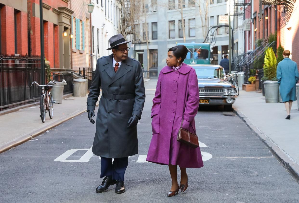 The actors were filming in Manhattan’s Greenwich Village and were surrounded by period pieces including a vintage car. “Respect” is slated for a summer 2020 release.