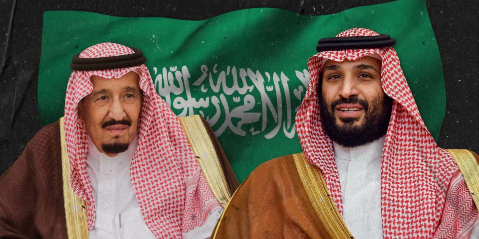 Photos of King Salman Mikhail Metzel and Mohammed bin Salman in front of Saudi Arabia flag 2x1