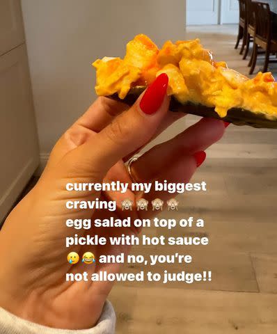 <p>Hailey Bieber/Instagram</p> Hailey Bieber revealed she is craving a pickle topped with egg salad and hot sauce during her pregnancy