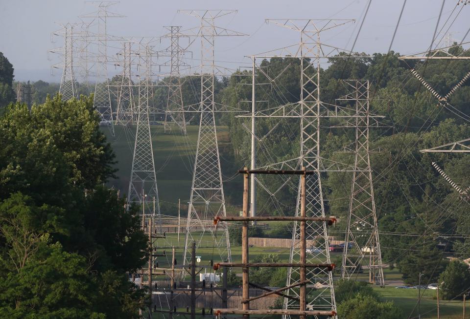 Power lines and utility poles cut through part of New Albany, Indiana. Temperatures were expected to hit in the high 90s with heat index around 110 degrees. Jackson County REMC issued a statement to its customers in Southern Indiana last Sunday indicating the possibility of "rolling blackouts in the region this summer."