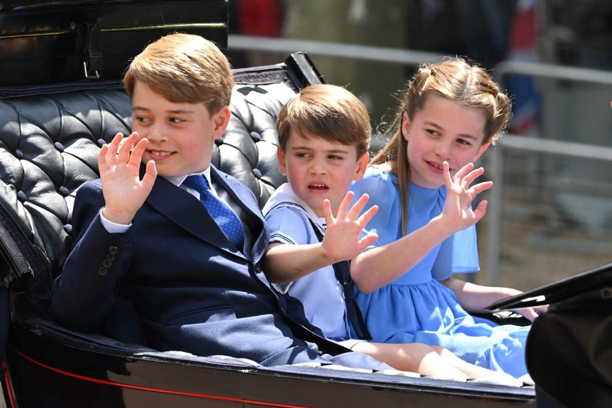 Prince George, Prince Louis and Princess Charlotte in the carriage procession at Trooping the Colour during Queen Elizabeth II Platinum Jubilee