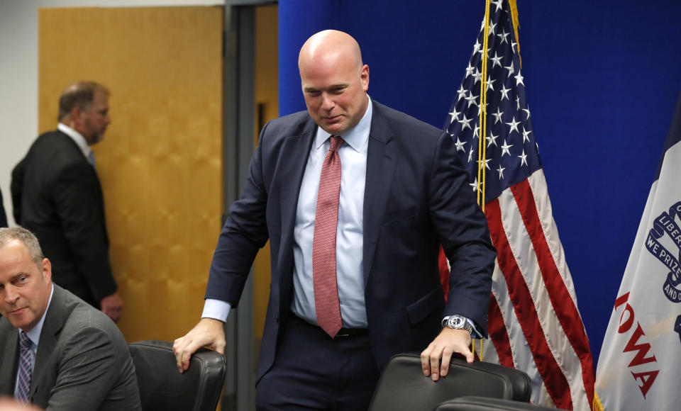 Acting Attorney General Matthew Whitaker arrives to speak to state and local law enforcement officials at the U.S. Attorney's Office for the Southern District of Iowa, Wednesday, Nov. 14, 2018, in Des Moines, Iowa. (AP Photo/Charlie Neibergall)