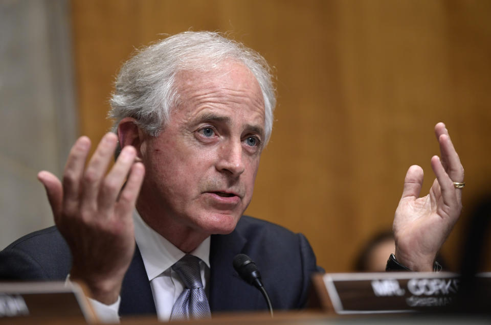 FILE - In this July 25, 2018, file photo, Sen. Bob Corker, R-Tenn., questions Secretary of State Mike Pompeo as he testifies before the Senate Foreign Relations Committee on Capitol Hill in Washington, during a hearing on diplomacy and national security. The ranks of the forgotten Republicans are growing. They are members of Congress, governors and state party leaders who have been left behind by President Donald Trump’s Republican Party. (AP Photo/Susan Walsh, File)