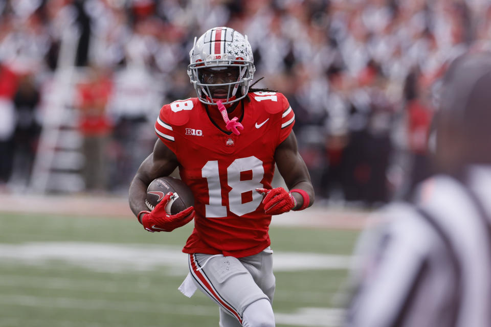 Ohio State receiver Marvin Harrison plays against Penn State during an NCAA college football game Saturday, Oct. 21, 2023, in Columbus, Ohio. (AP Photo/Jay LaPrete)