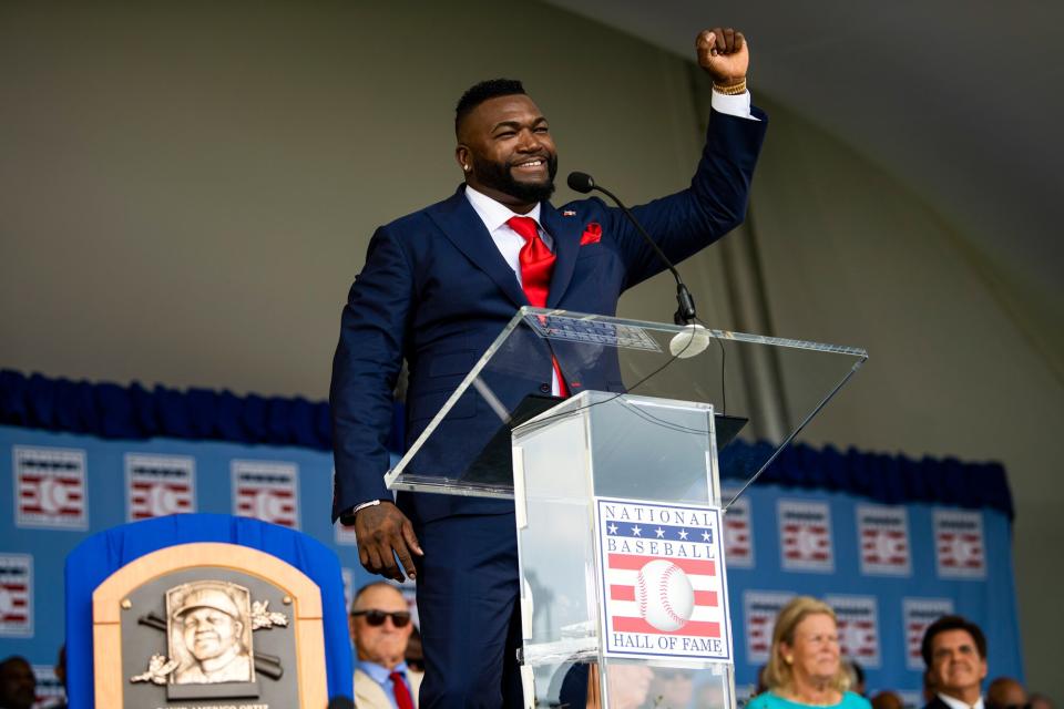 Hall of Fame Class of 2022 Inductee David Ortiz speaks after being presented with his plaque during the induction ceremony during the 2022 Hall of Fame weekend at the National Baseball Hall of Fame on July 24, 2022 in Cooperstown, New York.