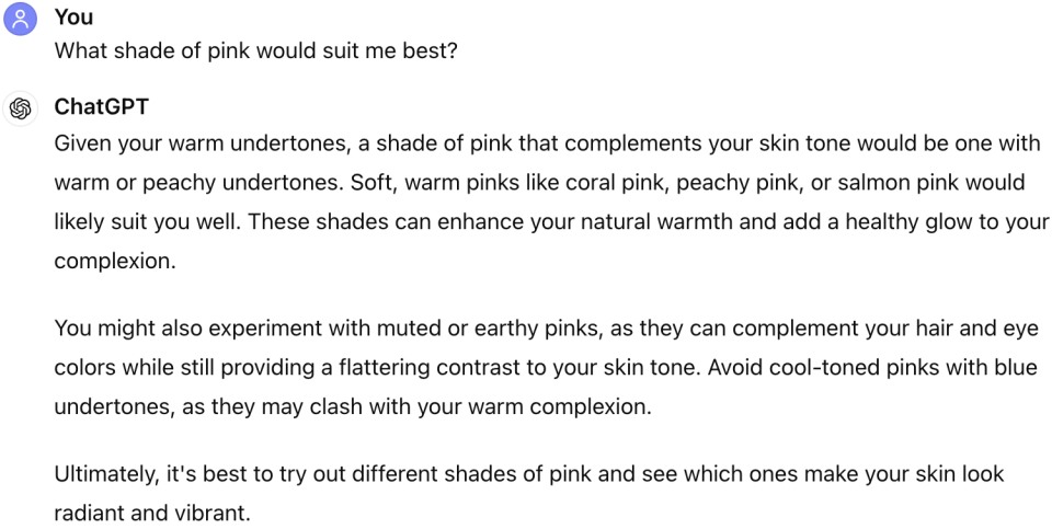 Screenshot of a conversation between a user and ChatGPT discussing which shades of pink suit warm undertones, with the AI suggesting colors like peach, coral, and golden yellow