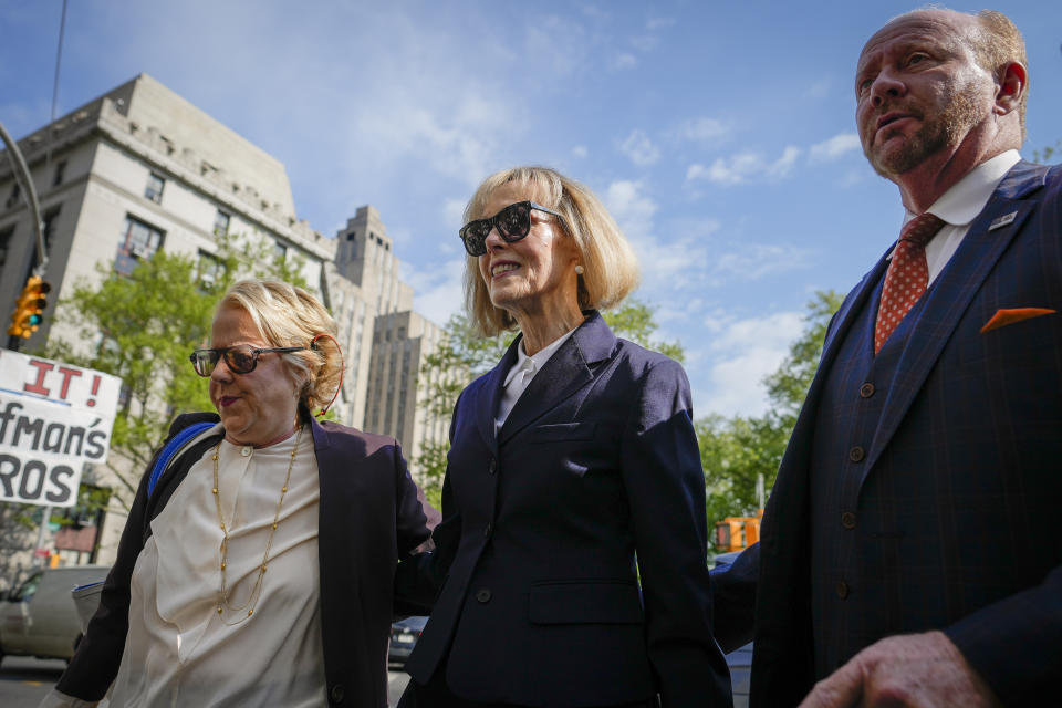 Former advice columnist E. Jean Carroll arrives to Manhattan federal court, Wednesday, April 26, 2023, in New York. A nearly 30-year-old rape claim against former President Donald Trump went to trial Tuesday as jurors in the federal civil case heard Carroll’s allegation of being attacked in a luxury department store dressing room. (AP Photo/John Minchillo)