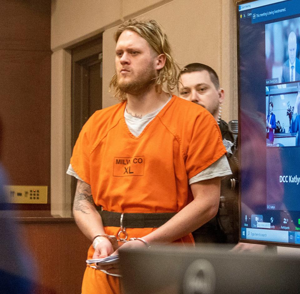 Maxwell Anderson appears in court as he's charged with killing and dismembering 19-year-old Sade Carleena Robinson on Friday, April 12, 2024, at the Criminal Justice Facility in Milwaukee.