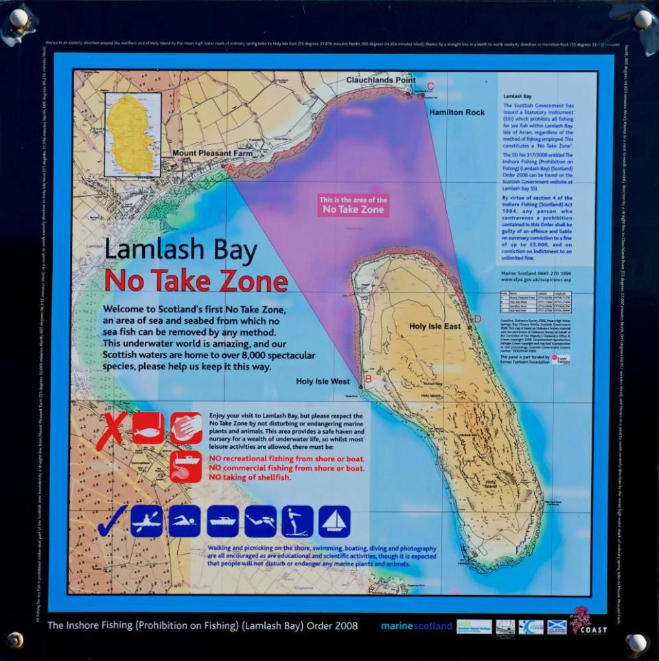 Information panel about no-take fishing zone between the Isle of Arran and Holy Isle.