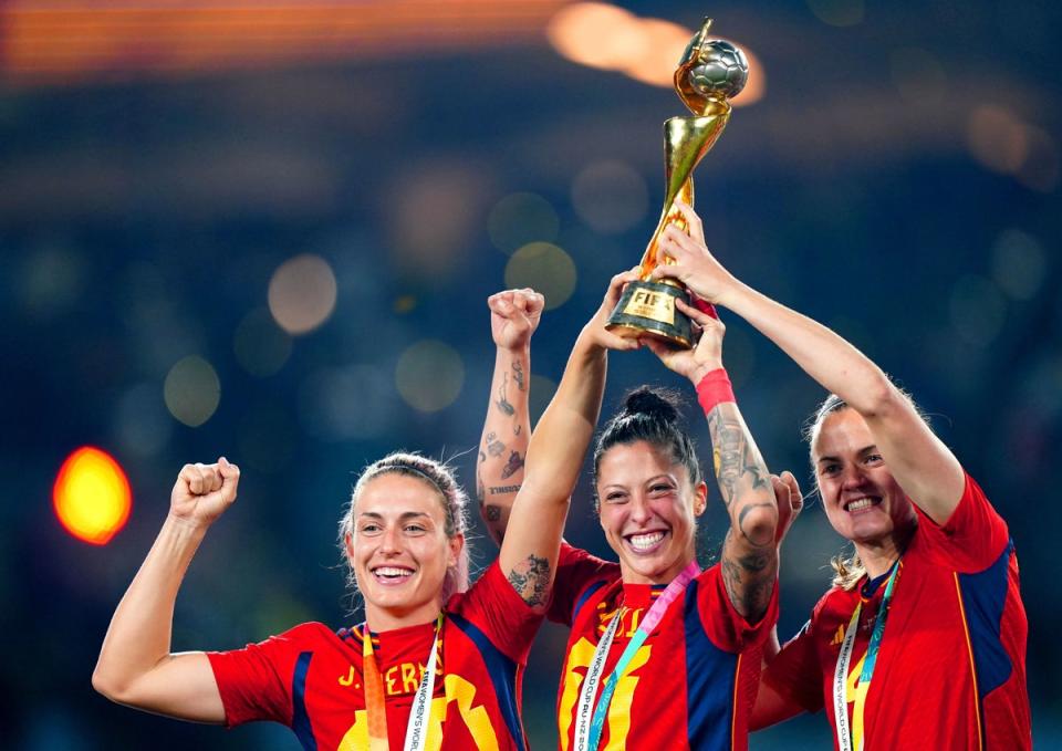 Spain's Alexia Putellas (left), Jennifer Hermoso and Irene Paredes celebrate with the trophy (PA)