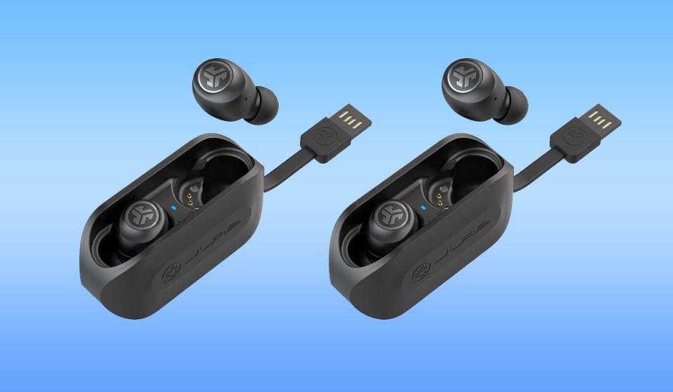 The JLab GO Air wireless earbuds come in a charging case that has a built-in charging cable.