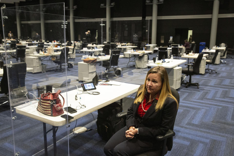 In this Feb. 2, 2021, photo, Virginia Sen. Amanda Chase and Republican gubernatorial candidate, speaks from her desk at the Science Museum of Virginia in Richmond, Va. The national Republican Party is at war with itself, struggling to reconcile a bitter divide between former President Donald Trump’s fierce loyalists and those who want Trumpism purged from their party. Chase is a polarizing state senator who seems to have won the hearts and minds of the Trump faithful with her fiercely anti-establishment, pro-gun positions and her embrace of the false notion that Trump is the legitimate winner of the November election. (AP Photo/Ryan M. Kelly)