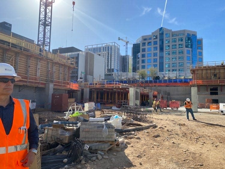 Construction crews dug a below-grade parking garage for Central Station, a mixed-use development under construction near Van Buren Street and Central Avenue in downtown Phoenix.